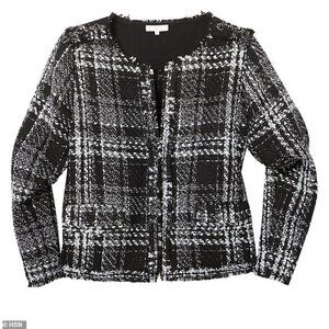VANESSA WILLIAMS Tweed Black Blazer Jacket S Fringe Trim Metal Ring Accent